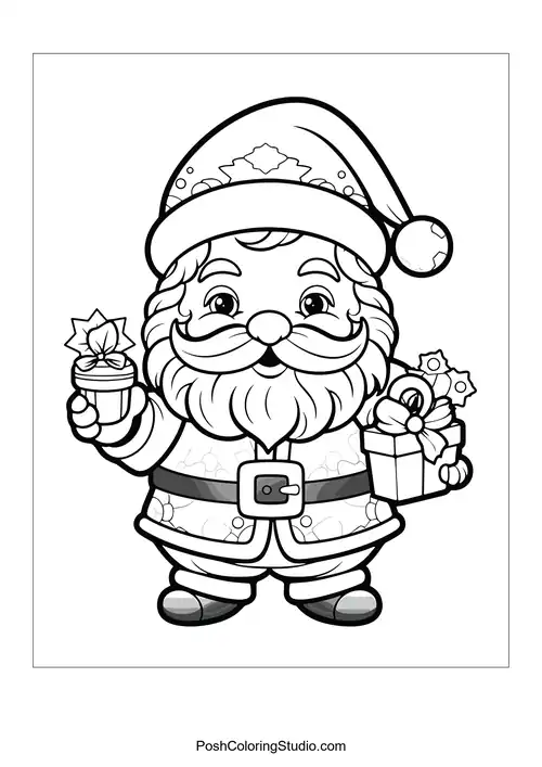 Santa holding a gift and smiling joyfully.