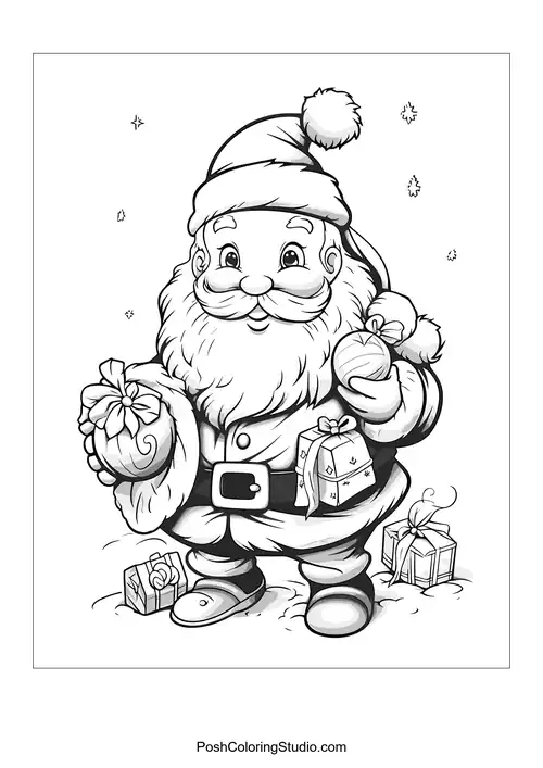 Santa holding a gift and a bag with presents.