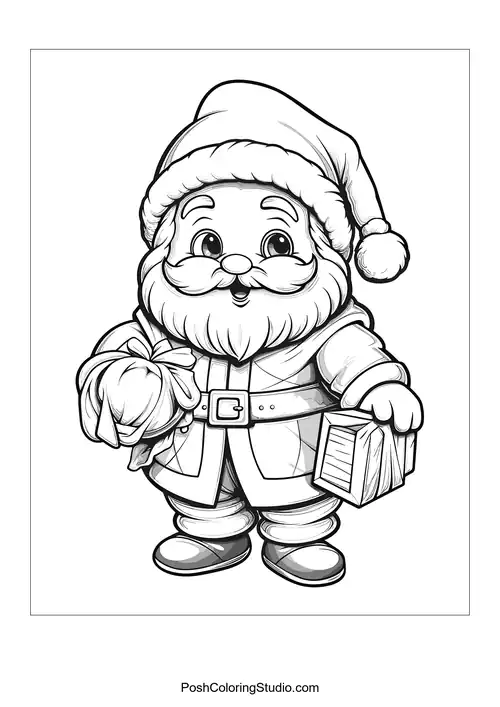 Santa holding a gift and a sack in his arms.
