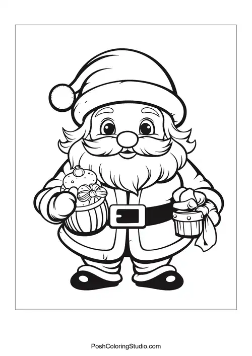 Santa carrying a cookie and a wrapped gift.