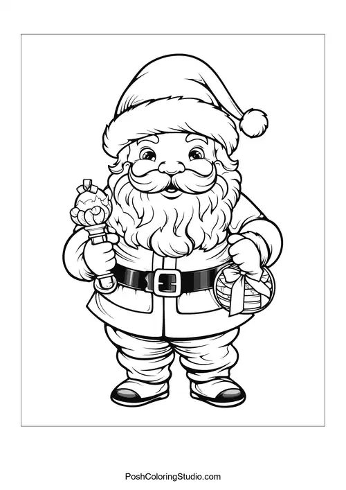 Santa with a candy cane and a bag of treats.