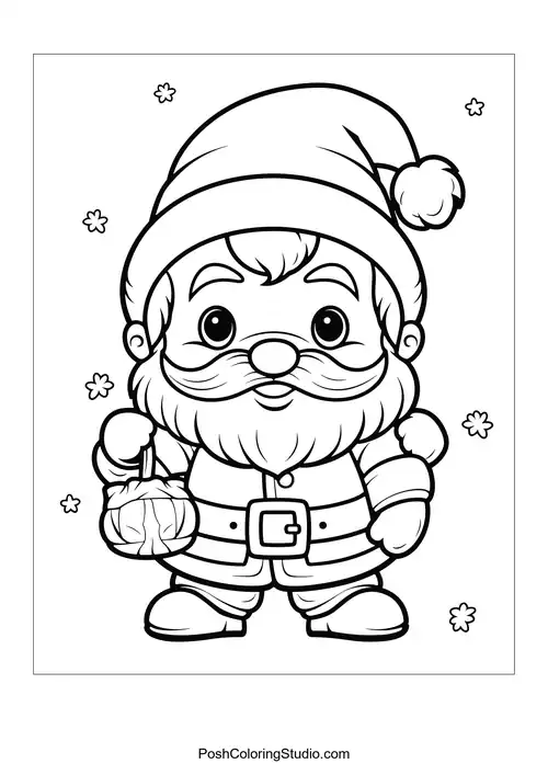 Santa holding a small bag with a gift inside.