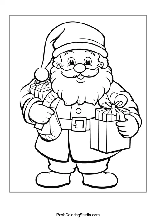 Santa with two gifts, one in each hand.