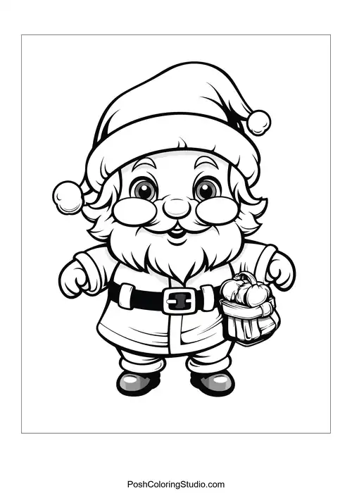 Santa holding a basket filled with goodies.