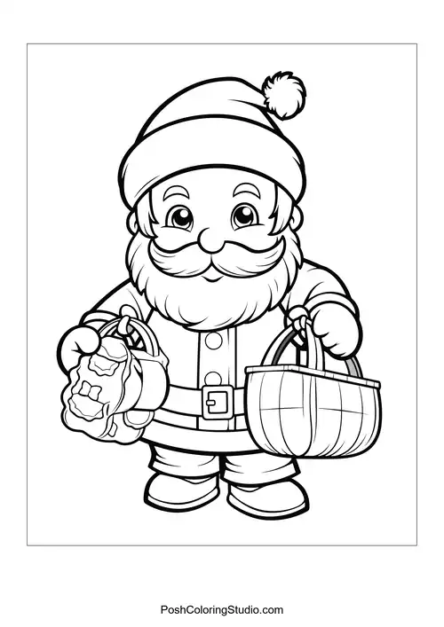 Santa waving with two bags in his hands.