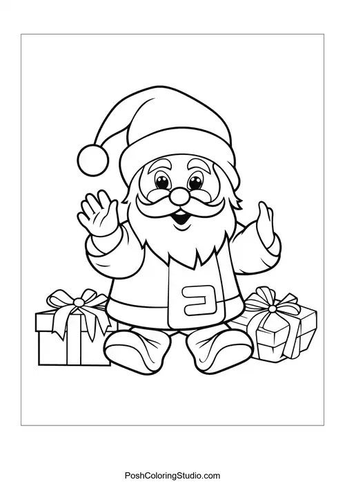 Santa sitting next to two colorful presents.