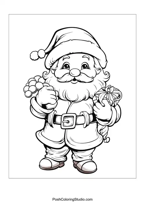 Santa holding a bunch of holly and a gift bag.