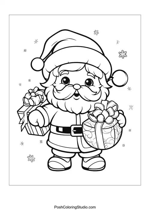 Santa carrying two gifts with decorative bows.