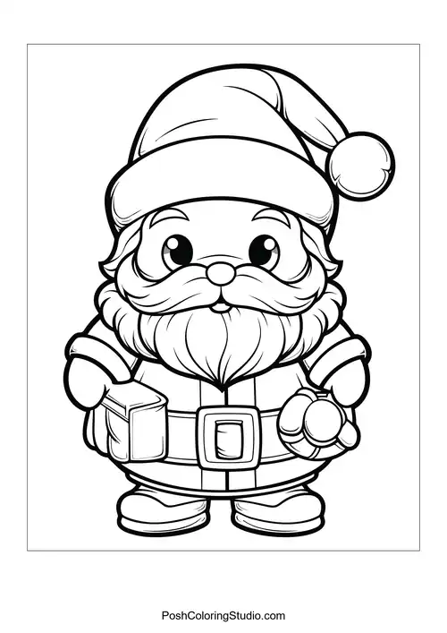 Santa holding a gift and a bell in his hands.
