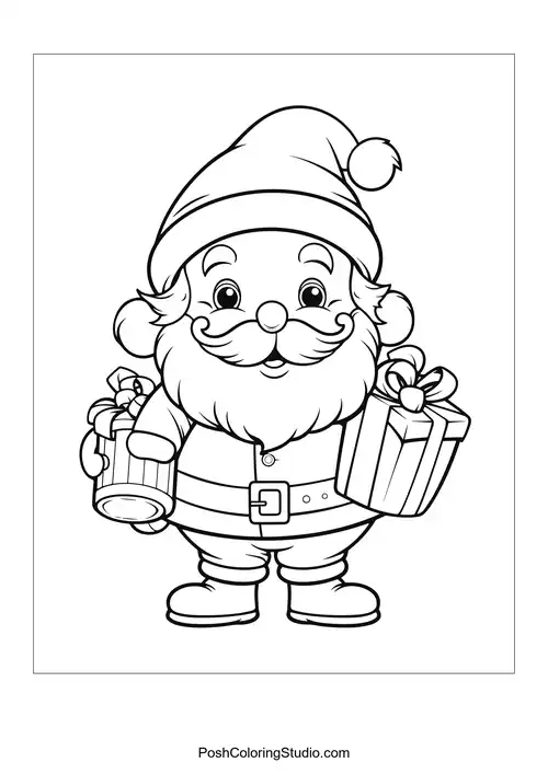 Santa carrying two presents with a warm smile.