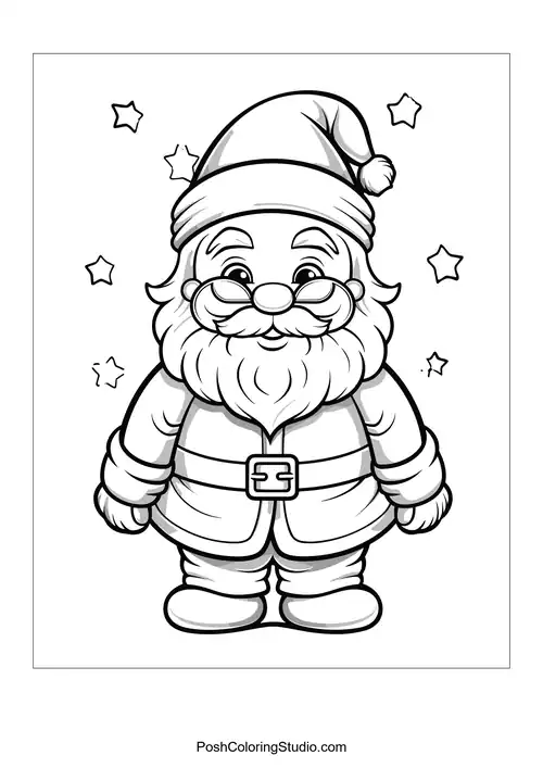 Santa pointing while holding a gift.