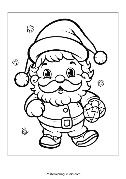 Santa holding a gift with a playful expression.