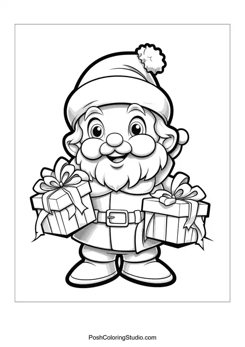 Santa holding a gift with a friendly wave.