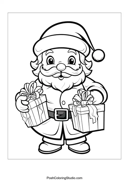Santa Claus holds two wrapped gifts with bows.