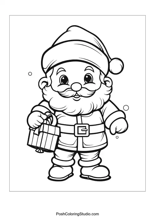 Santa Claus holds a single gift and smiles.