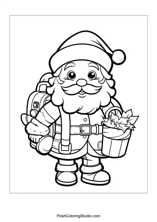 Santa carries a backpack and a bucket of holly.