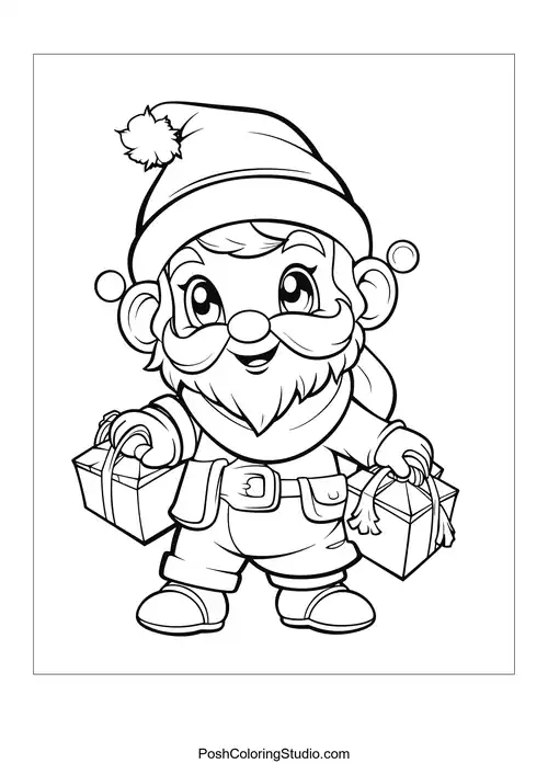 Santa Claus joyfully holds two gifts in his hands.