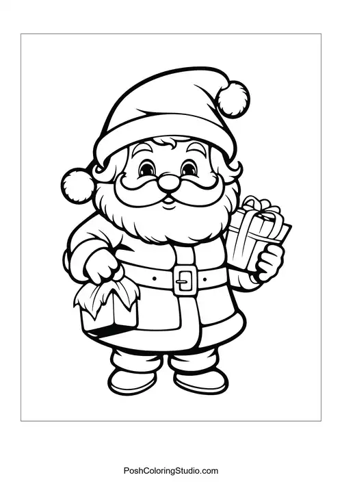 Santa with a gift bag and a playful expression.