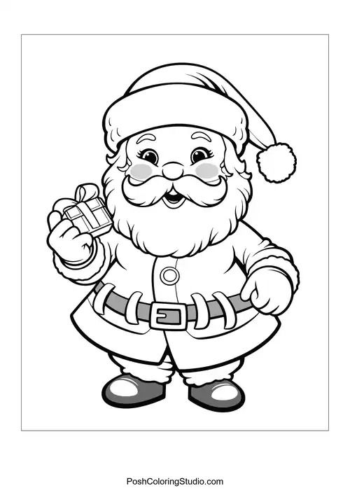 Santa Claus smiles while holding a small gift.