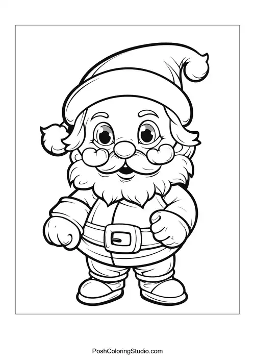 A cheerful Santa with a fluffy beard and a bell-shaped hat.