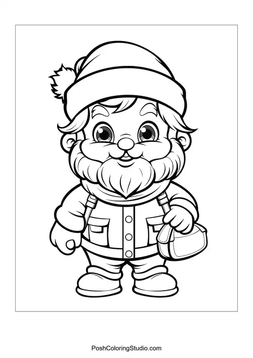 Santa wearing a coat with pockets and holding a bag.
