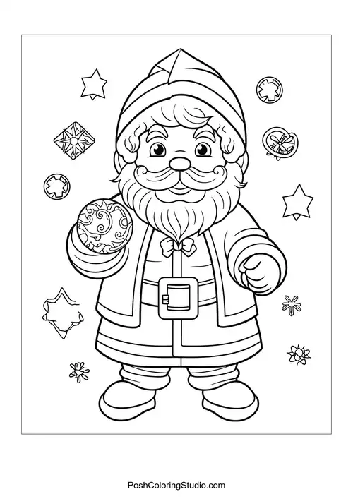 Santa holding a decorated ornament and surrounded by stars.