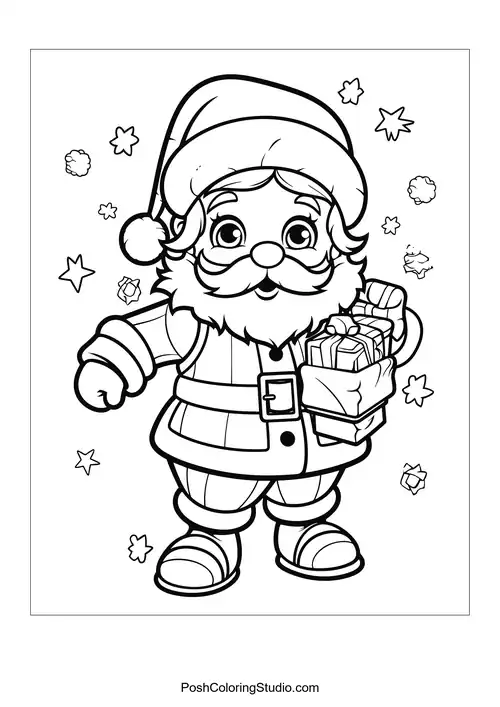 Santa with a stack of gifts and snowflakes around him.