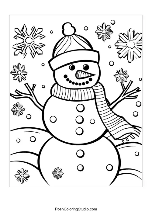 A snowman with a scarf and buttons, waving in the snow.