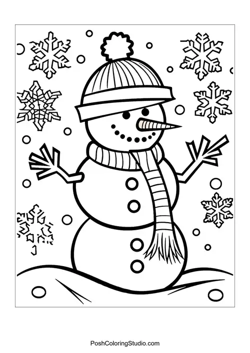 A snowman with a hat and scarf, surrounded by snowflakes.