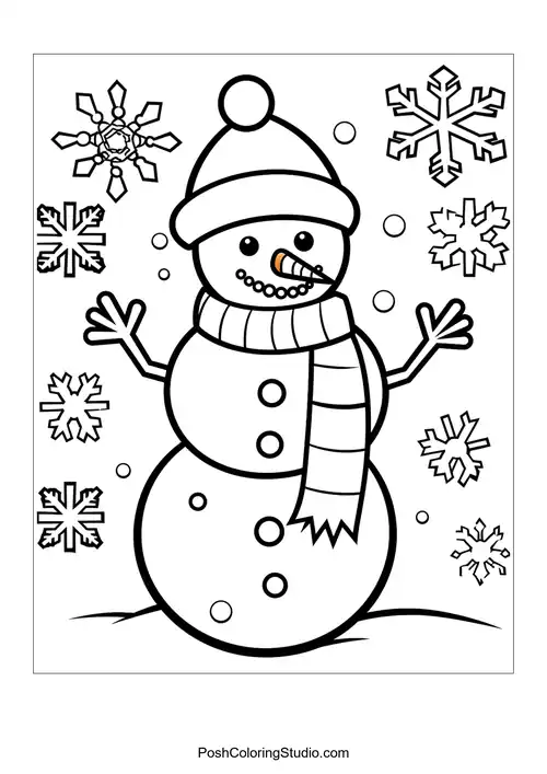 A snowman with a scarf and a carrot nose, smiling happily.