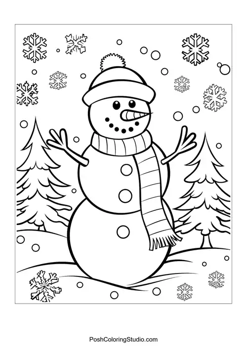 A snowman with a scarf and snowflakes, standing in a winter scene.