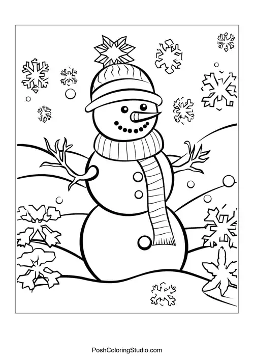 A snowman with a scarf and holly leaves, smiling cheerfully.