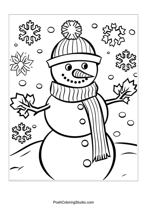 A snowman with a scarf and holly leaves, surrounded by snowflakes.