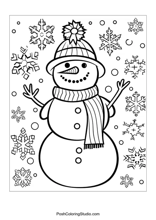A cheerful snowman with a striped scarf and snowflakes around.