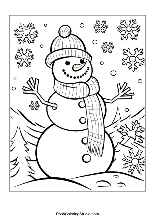 A snowman with a scarf and snowflakes, set against mountains.