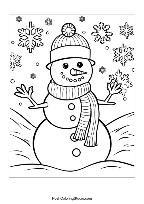 A snowman with a hat and scarf, surrounded by snowflakes.