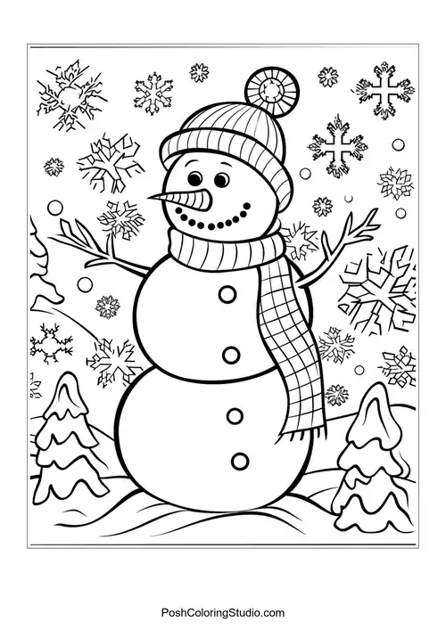 A snowman with a scarf and snowflakes, with trees in the background.