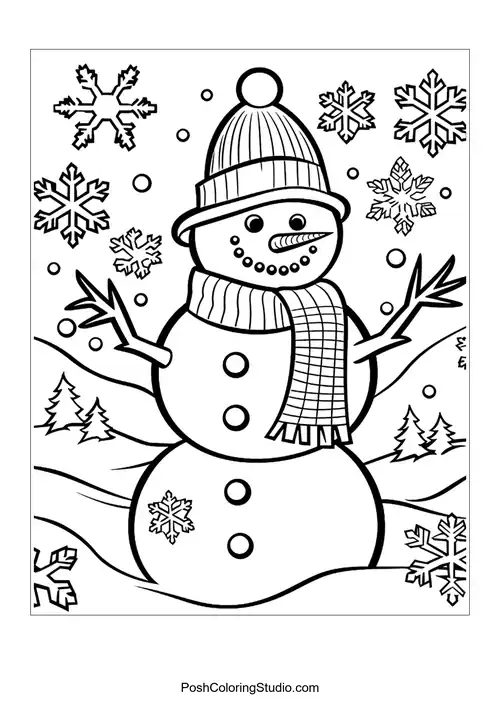 A snowman with a hat, scarf, and a carrot nose, amidst snowflakes.