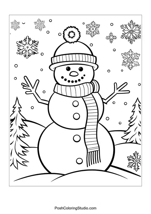 A snowman with a scarf and snowflakes, set in a snowy scene.