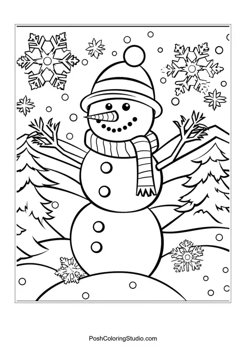 A snowman with a striped scarf and snowflakes, surrounded by trees.