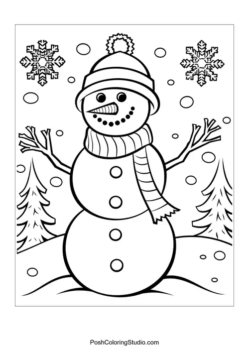 A snowman with a scarf and snowflakes, with a snowy background.