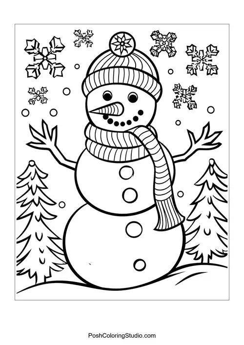 A snowman with a scarf and snowflakes, with hills in the background.