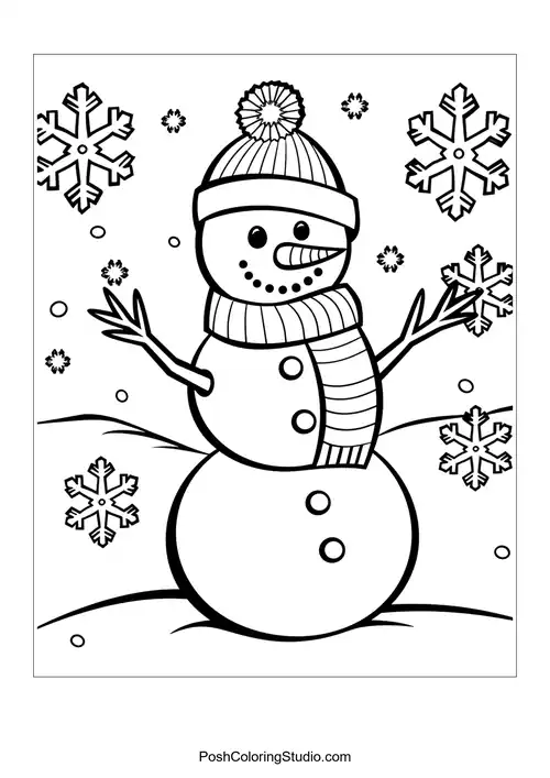 A snowman with a scarf and snowflakes, surrounded by trees.