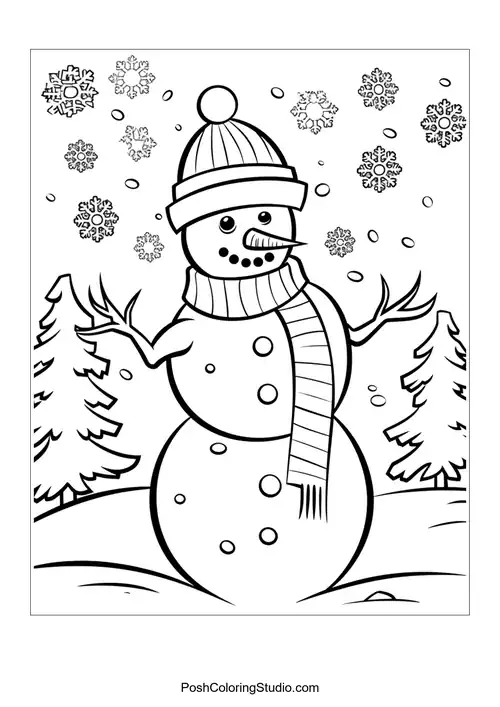 A snowman with a scarf and snowflakes, with a snowy landscape.