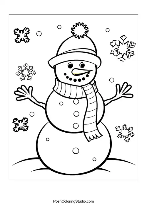 A snowman with a scarf and snowflakes, surrounded by trees.