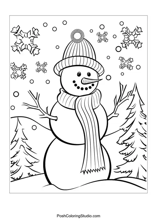 A snowman with a scarf and snowflakes, set in a winter scene.