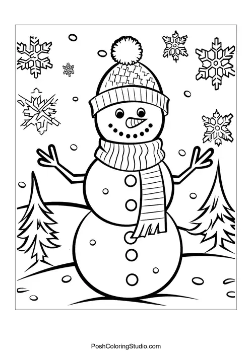 A snowman with a scarf and snowflakes, surrounded by trees.