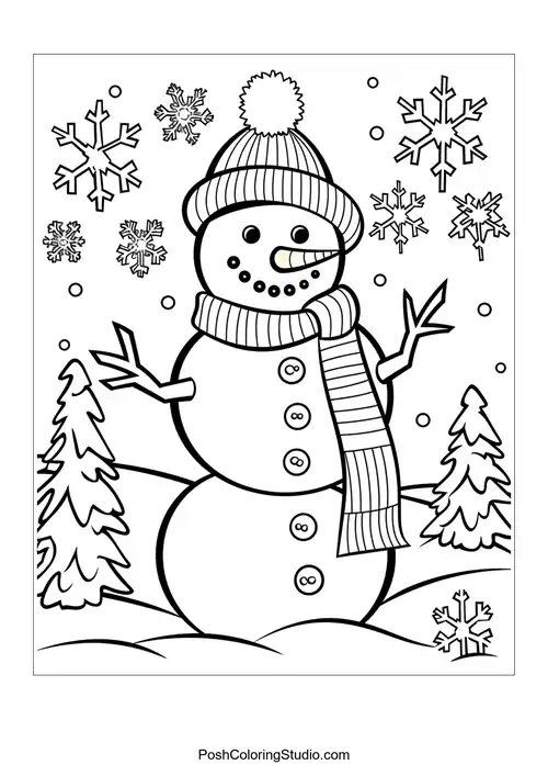 A snowman with a scarf and snowflakes, in a snowy setting.
