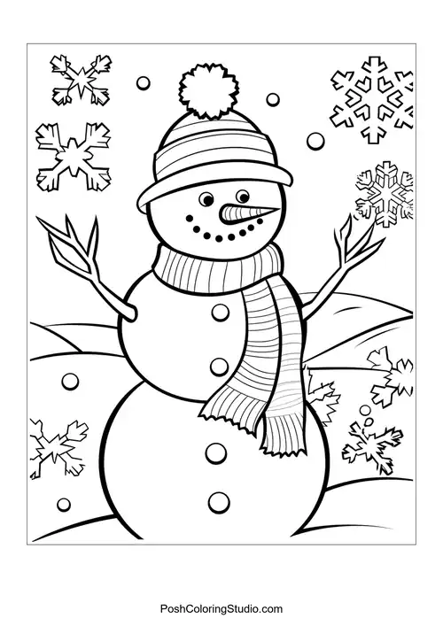 A snowman with a pom-pom hat and a scarf, smiling joyfully.