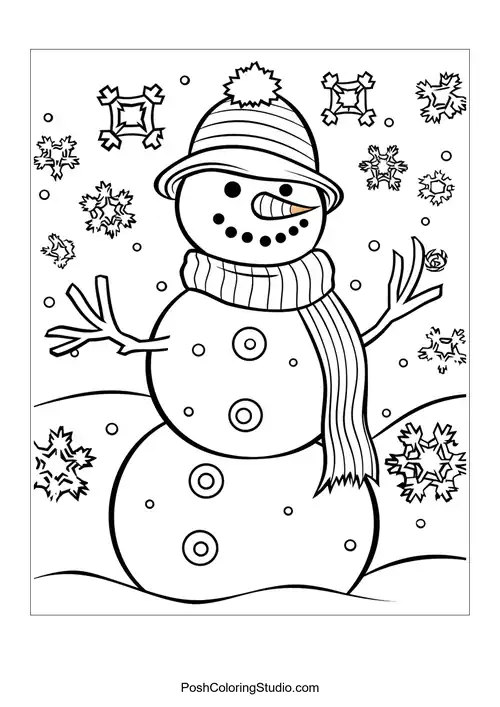 A snowman with a scarf and snowflakes, surrounded by trees.